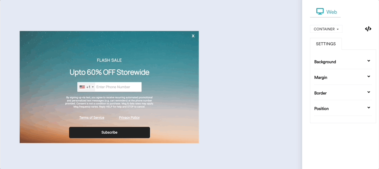 Animated GIF showing SMS Sign-up Popup template on web.