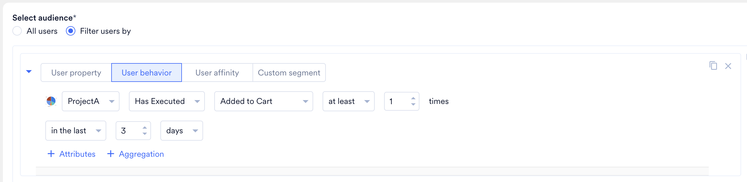 User behavior filter rule for Project A with Added to Cart event