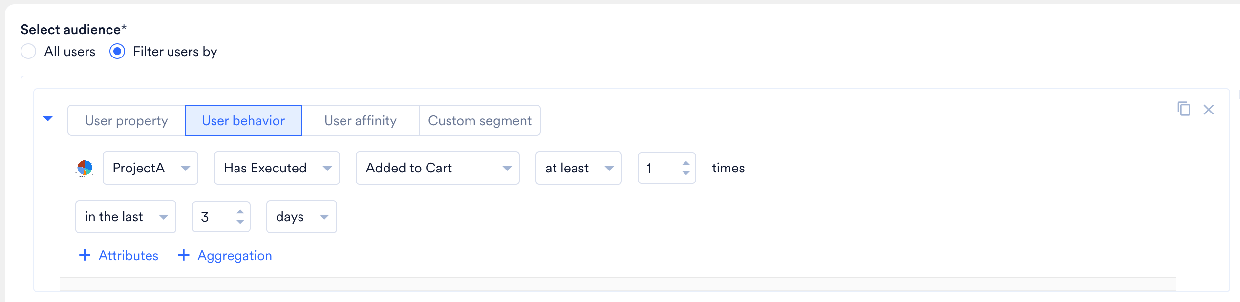 User behavior filter rule for Project A with Added to Cart event