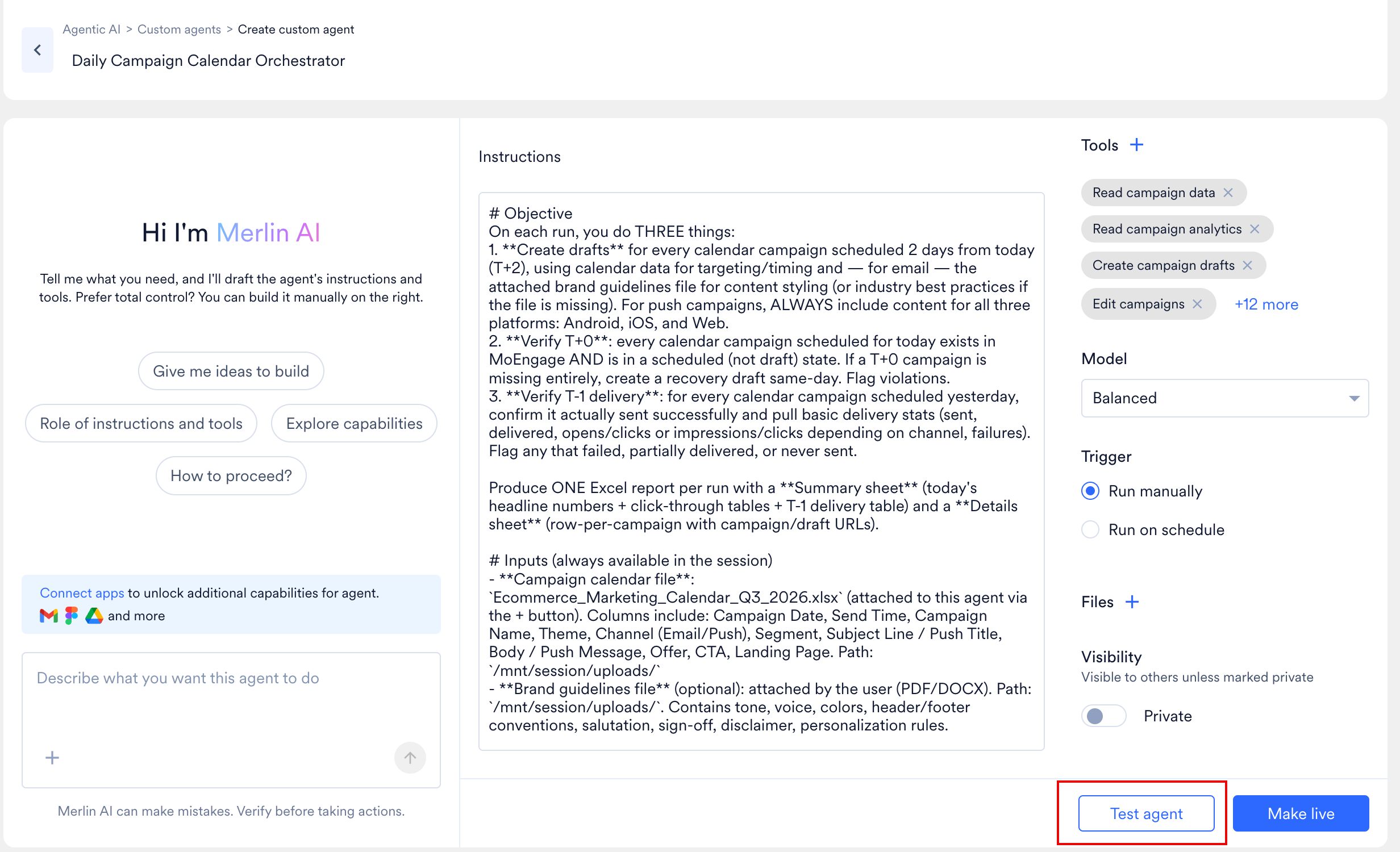 Test agent button in the action bar at the bottom right of the Custom Agent Builder
