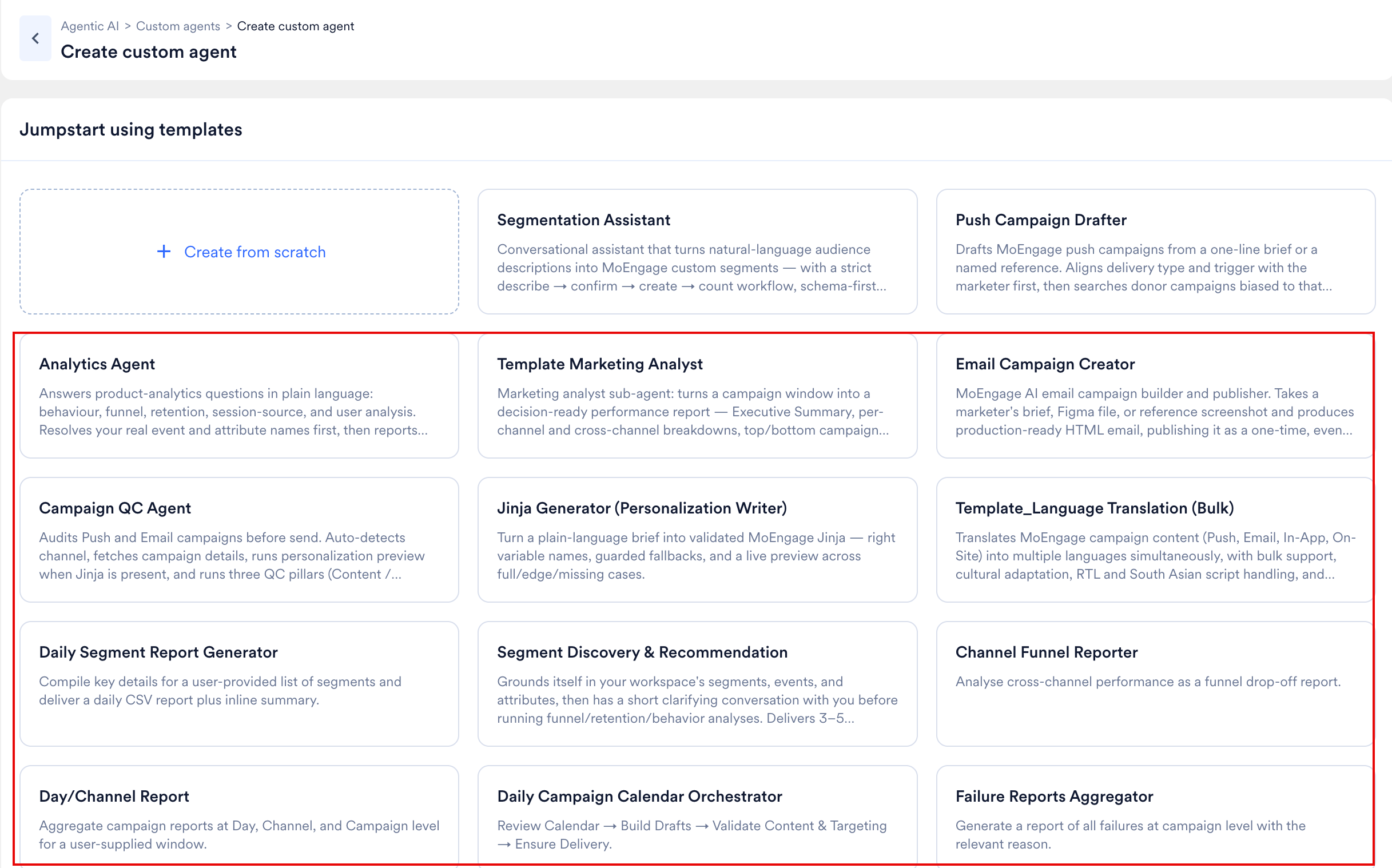 Template gallery listing the available agent templates