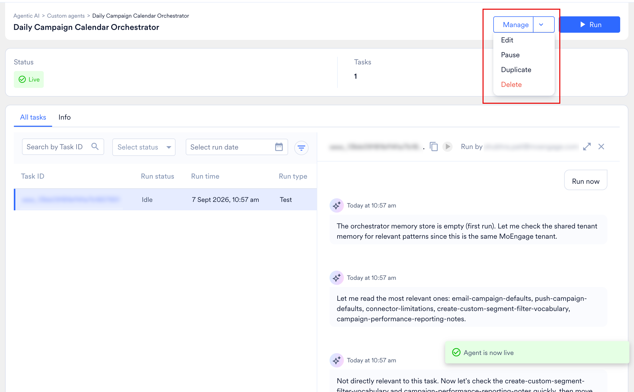 Manage dropdown menu on an agent's detail page
