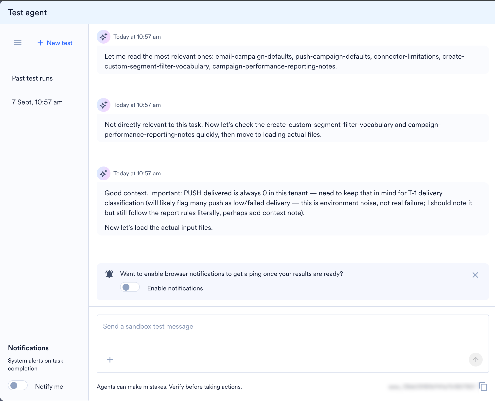 Test agent panel sidebar showing New test and Past test runs