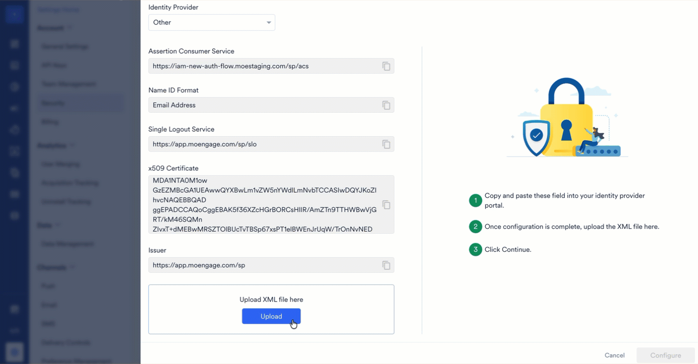 Upload the JumpCloud metadata file and configure SSO in the MoEngage dashboard