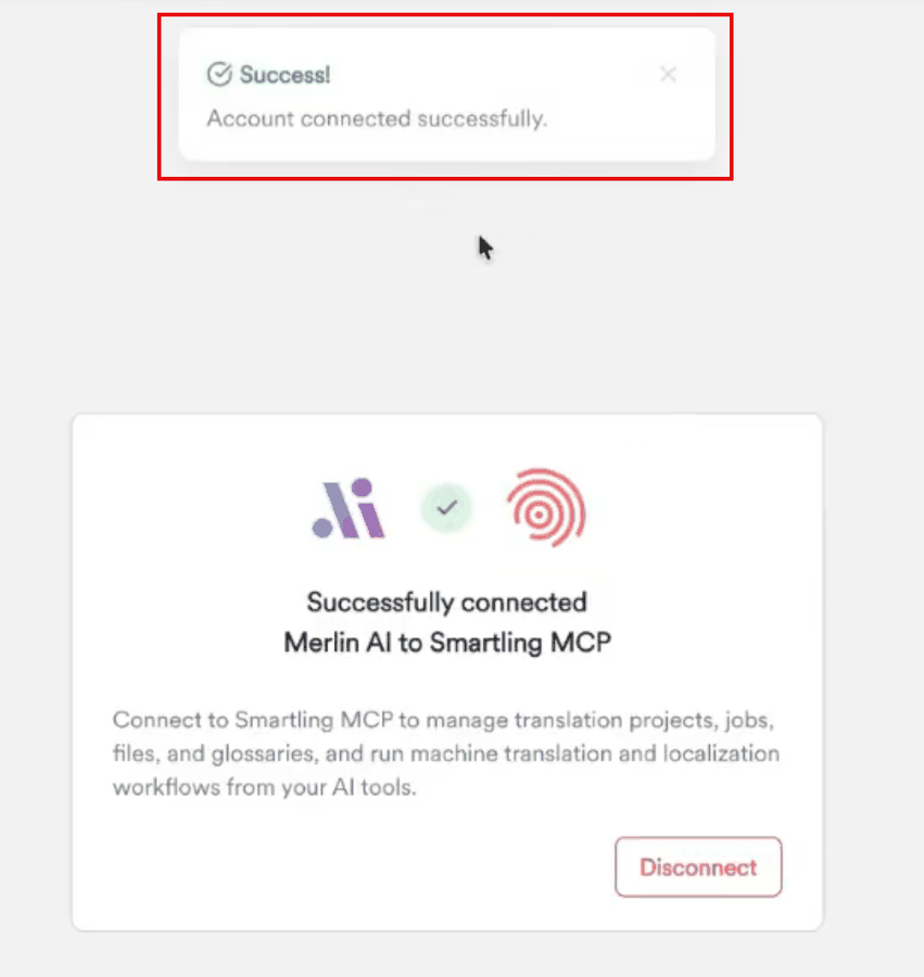 Authorization window confirming that Merlin AI is connected to Smartling MCP