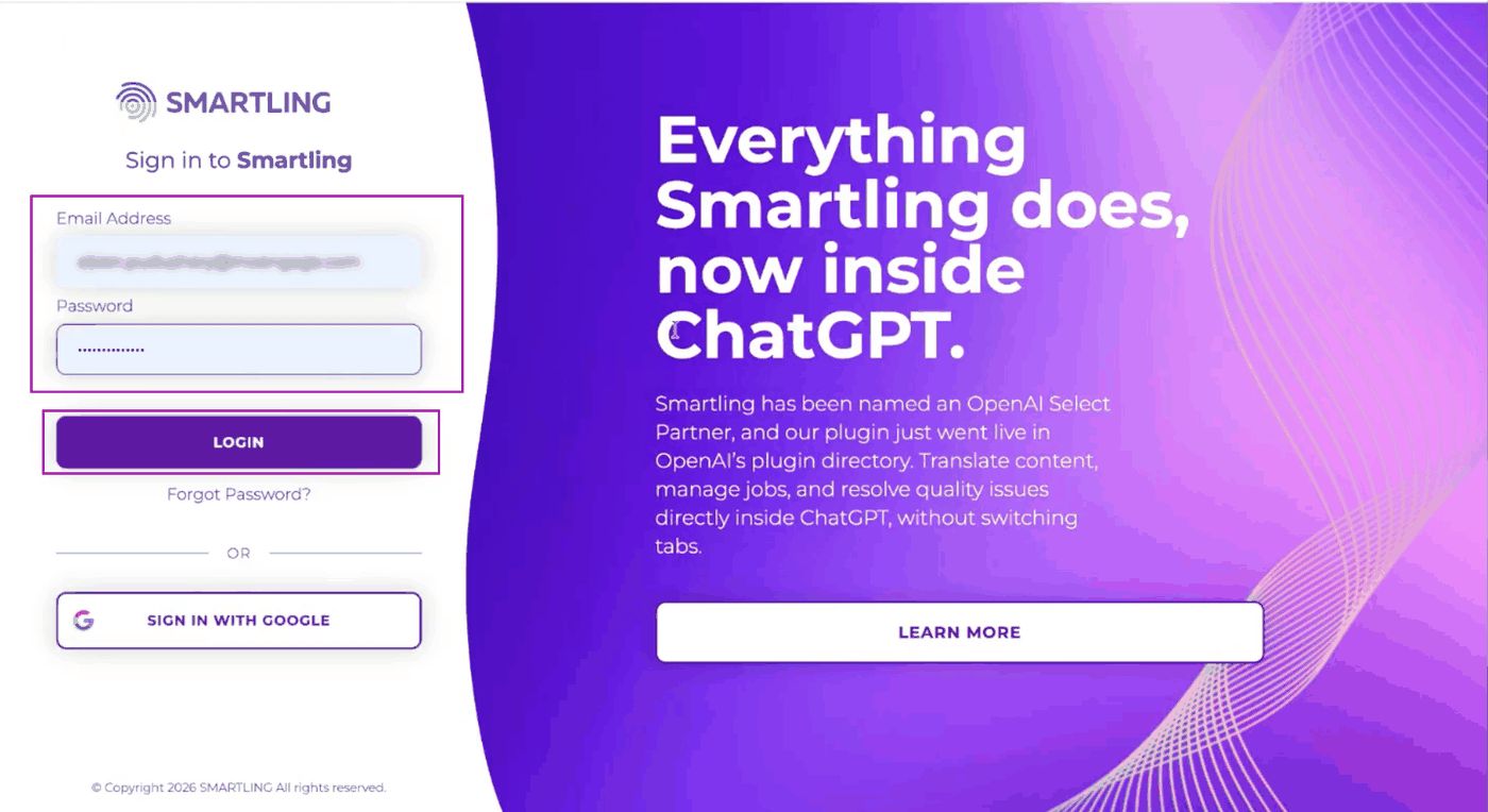 Smartling sign-in page with the credential fields and the LOGIN button highlighted