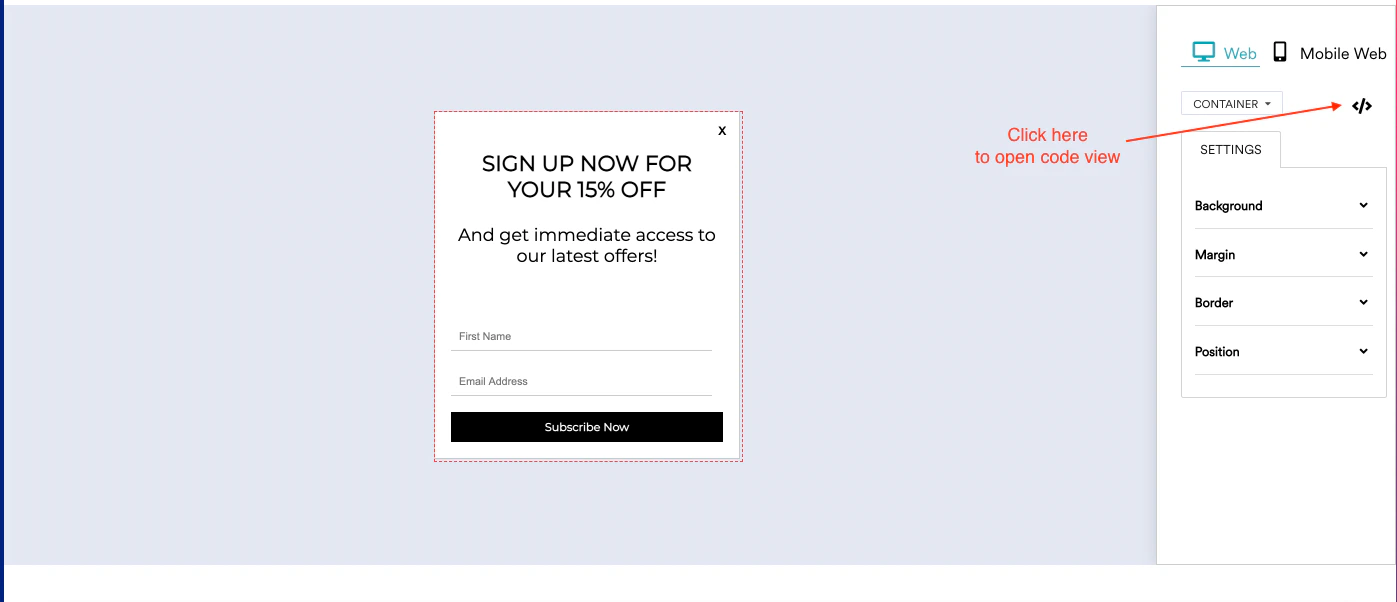Screenshot of the Code View button in MoEngage.