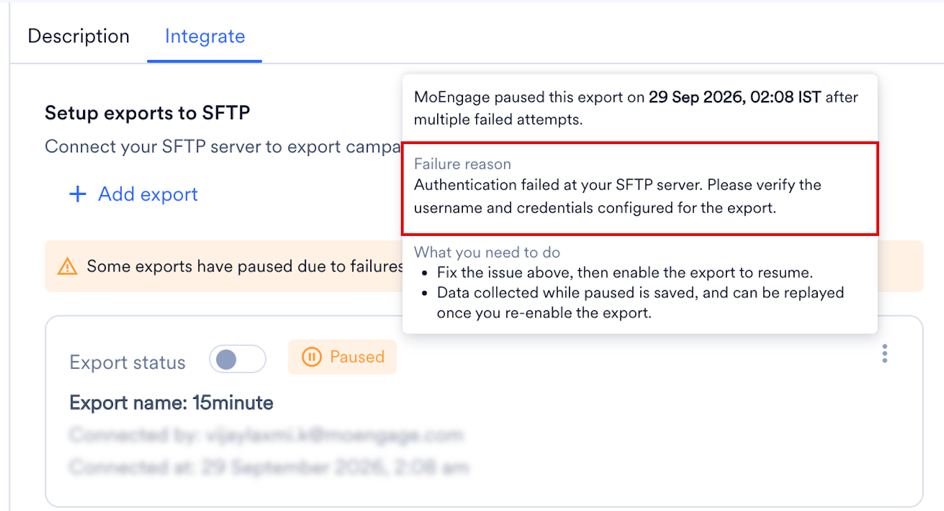 The Paused label hover on the Integrate tab, showing the failure reason and what you need to do
