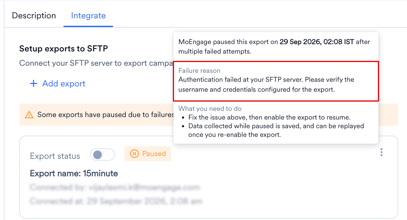 The Paused label hover on the Integrate tab, showing the failure reason and what you need to do