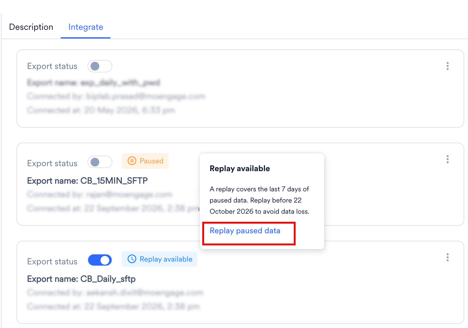 SFTP export with a Replay available label on the Integrate tab and the Replay paused data option