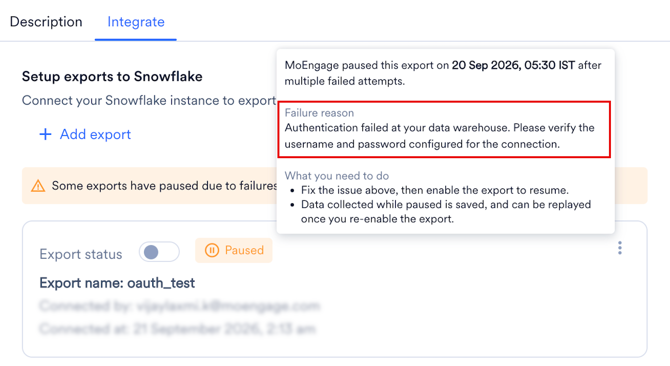 The Paused label hover on the Integrate tab, showing the failure reason and what you need to do