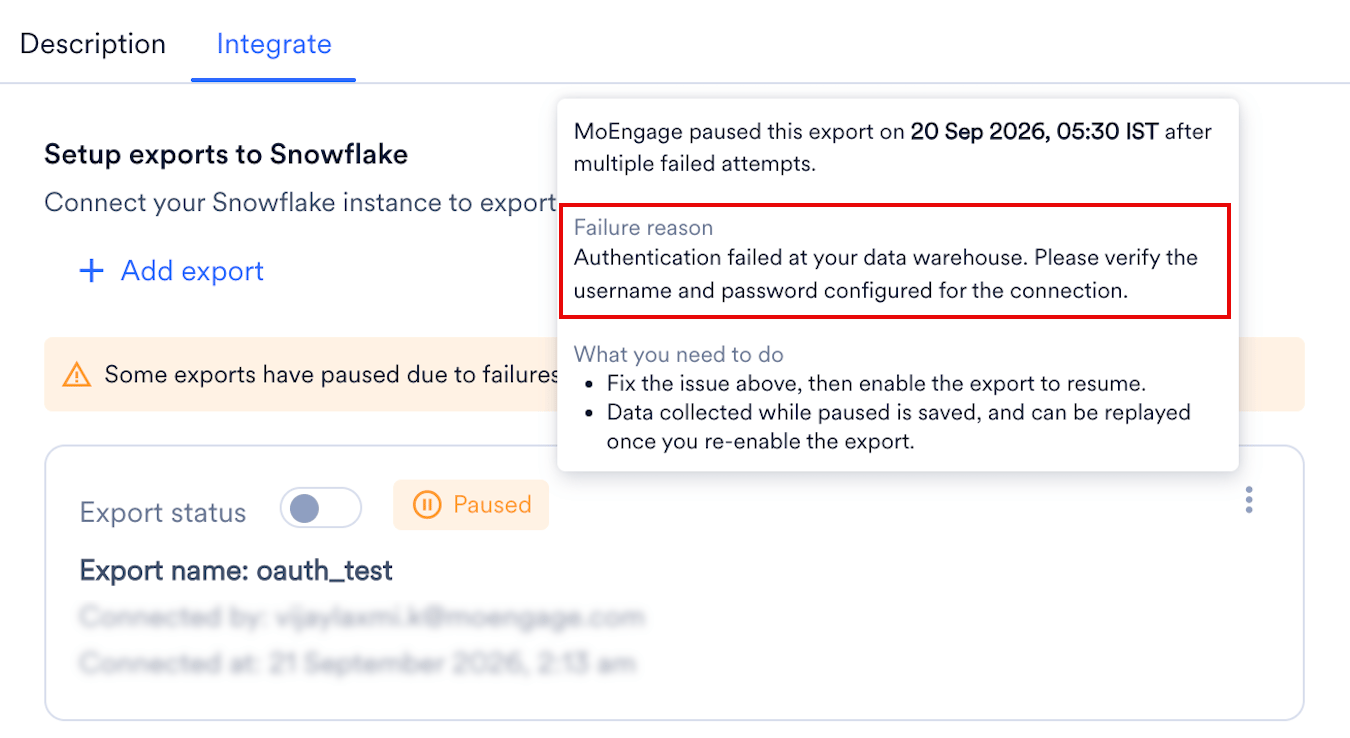 The Paused label hover on the Integrate tab, showing the failure reason and what you need to do
