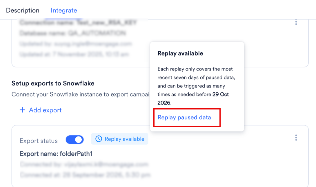 Snowflake export with a Replay available label on the Integrate tab and the Replay paused data option