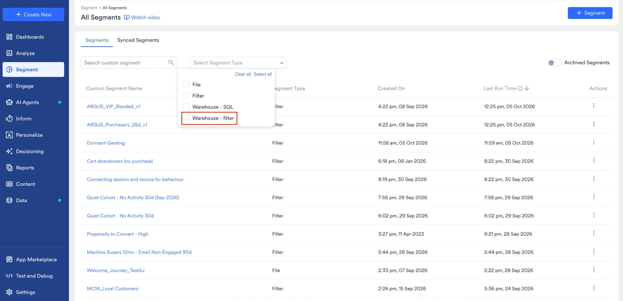 The Select Segment Type list on the All Segments page, showing the File, Filter, Warehouse - SQL, and Warehouse - filter options