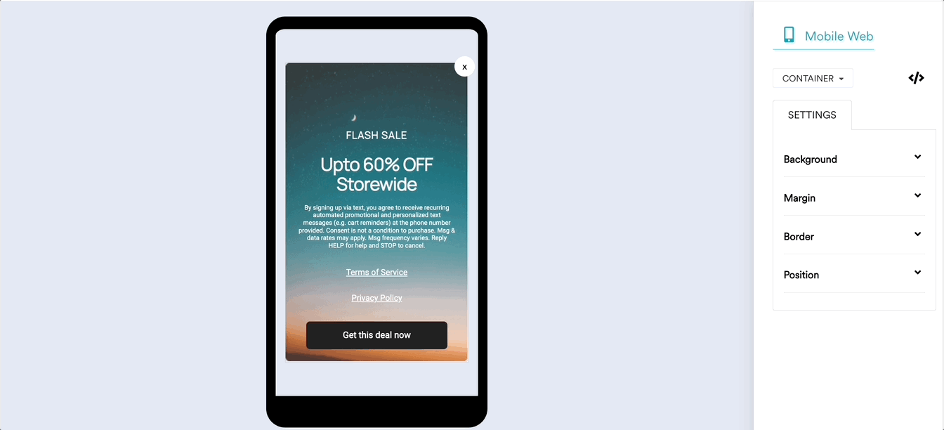 Animated GIF showing SMS Sign-up Popup template on mobile.
