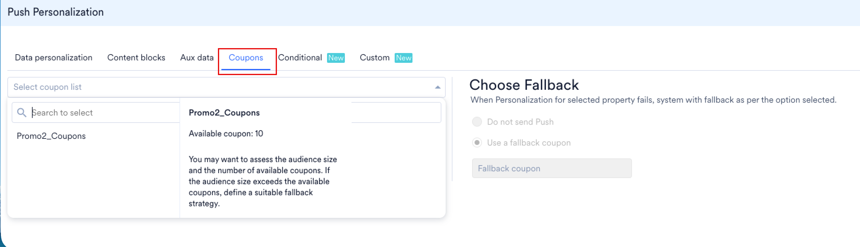 Coupons tab of the Push Personalization dialog, showing a coupon list selected and the Choose Fallback options