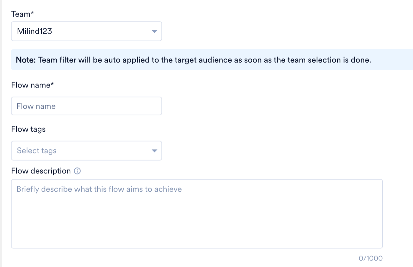 The flow details fields, showing Team, Flow name, Flow tags and Flow description with its character counter