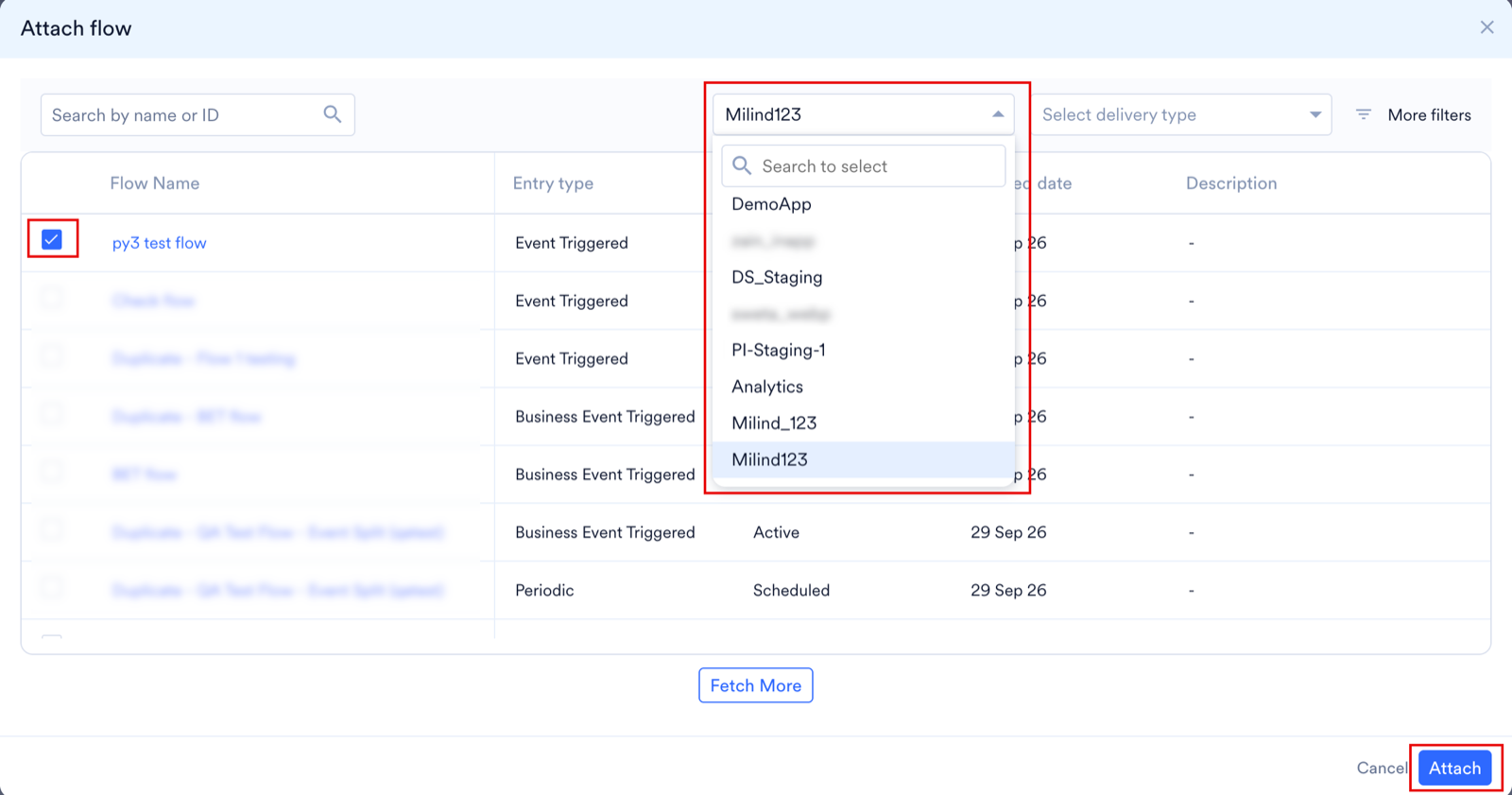 The Attach flow dialog box with the workspace dropdown, the flow checkbox and the Attach button highlighted