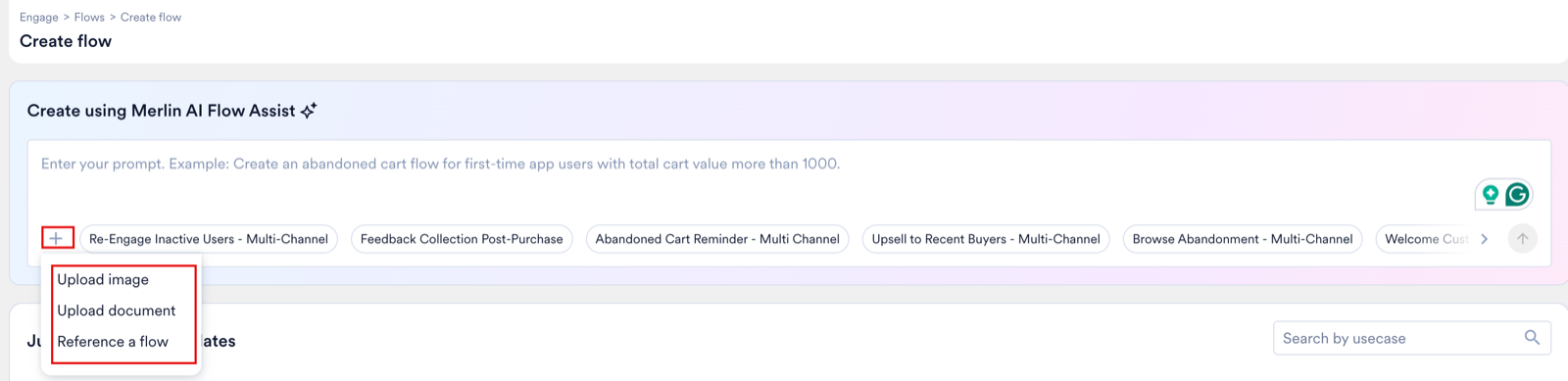 The Create flow page with the add icon and its menu highlighted, showing Upload image, Upload document and Reference a flow