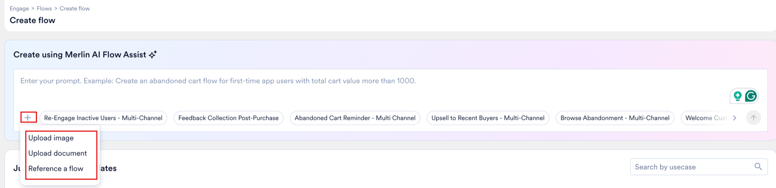 The Create flow page with the add icon and its menu highlighted, showing Upload image, Upload document and Reference a flow