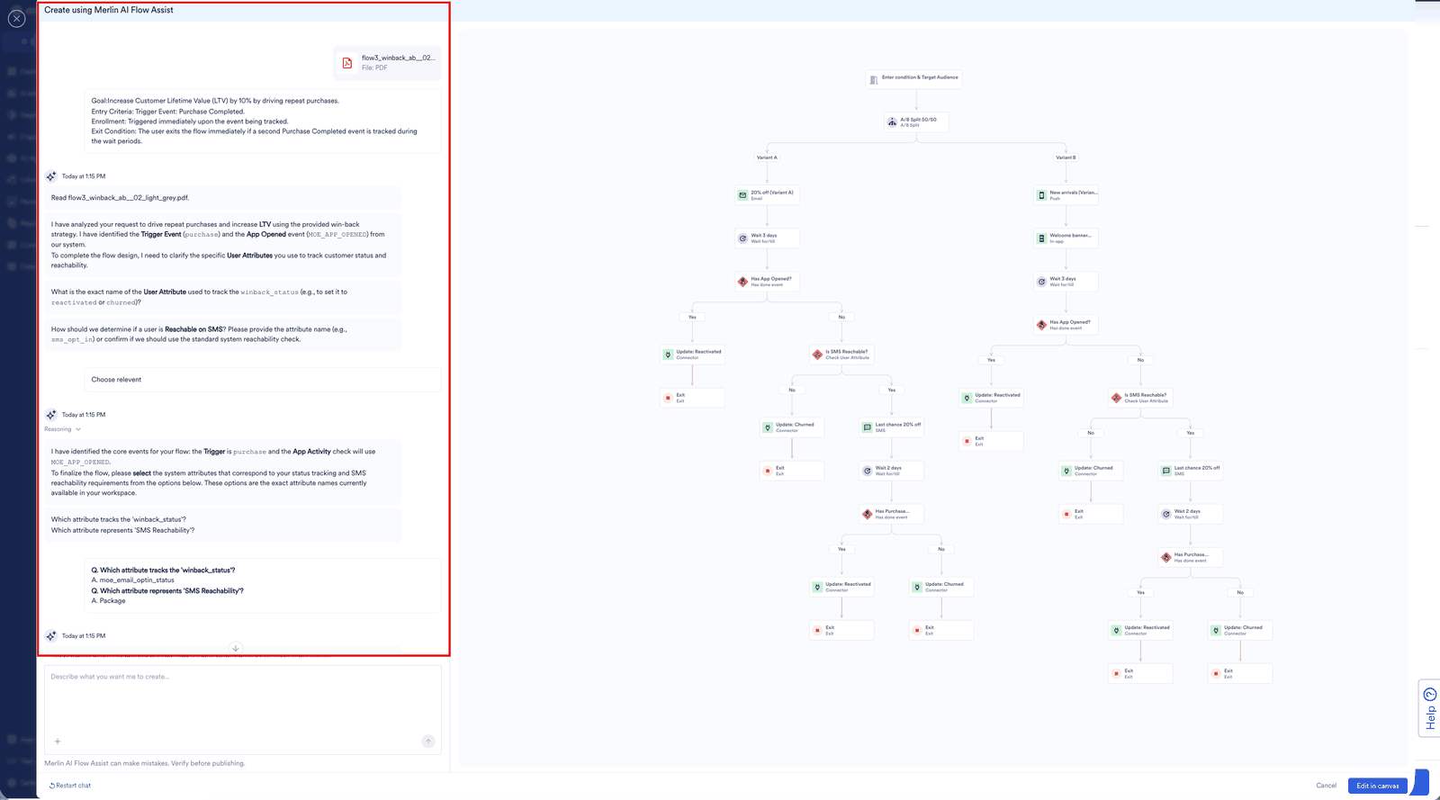 The Flows Assist chat asking which user properties to use, with the draft flow building on the canvas beside it