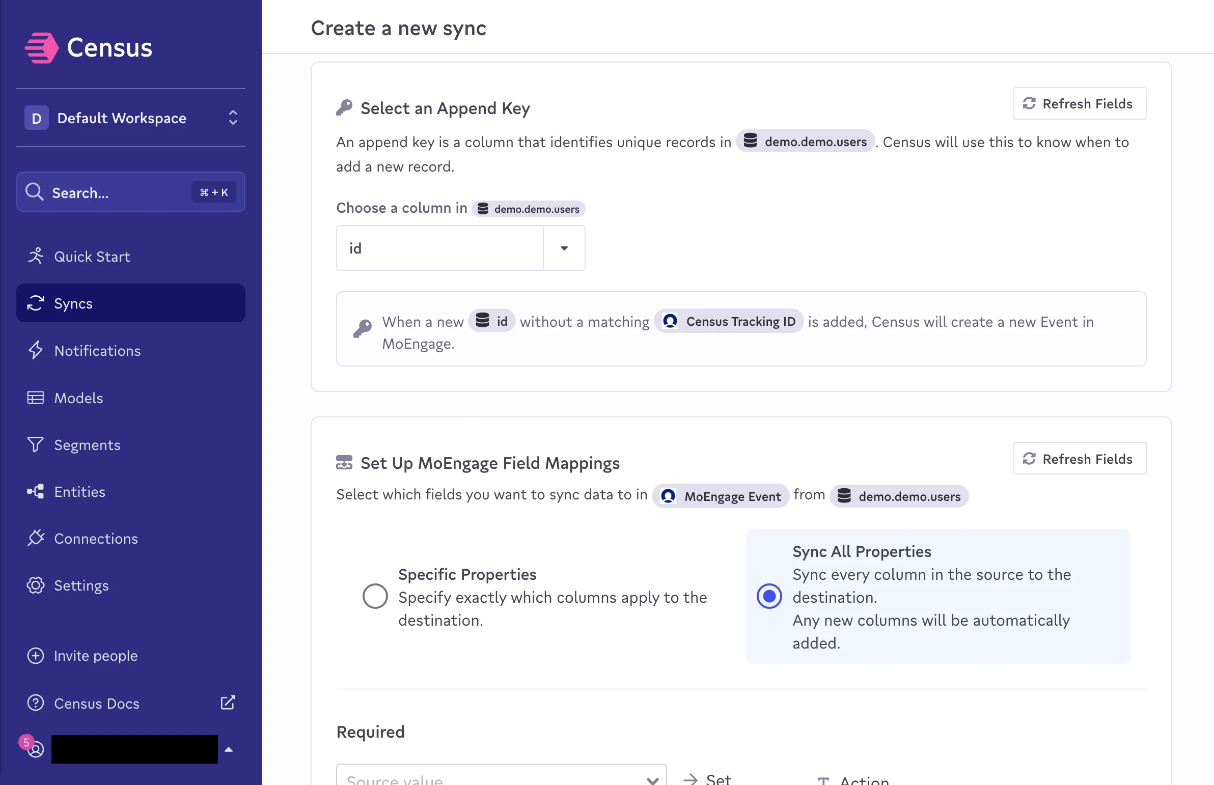 MoEngage field mappings for Event sync in Census