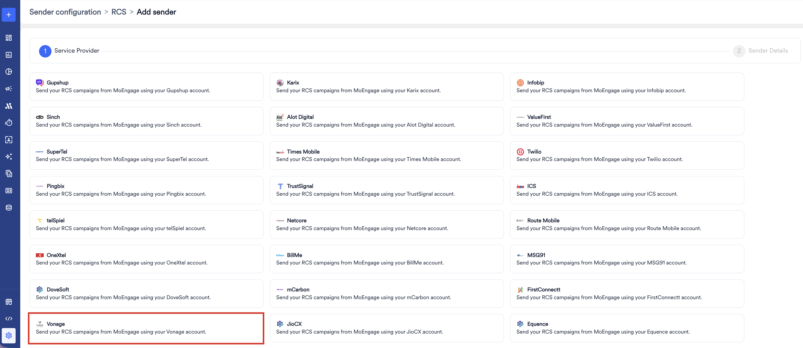 Vonage tile on the Add RCS Sender page in the MoEngage dashboard