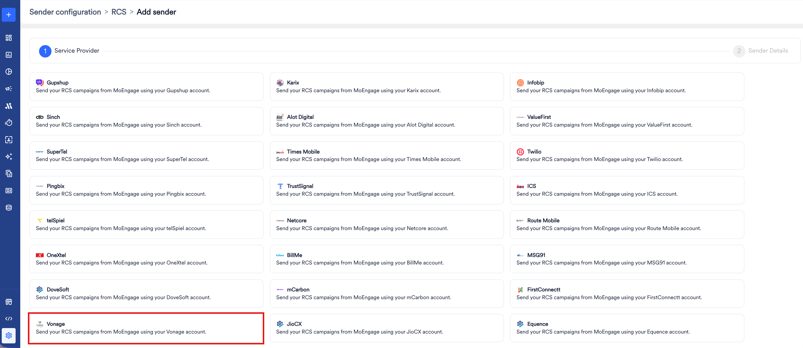 Vonage tile on the Add RCS Sender page in the MoEngage dashboard