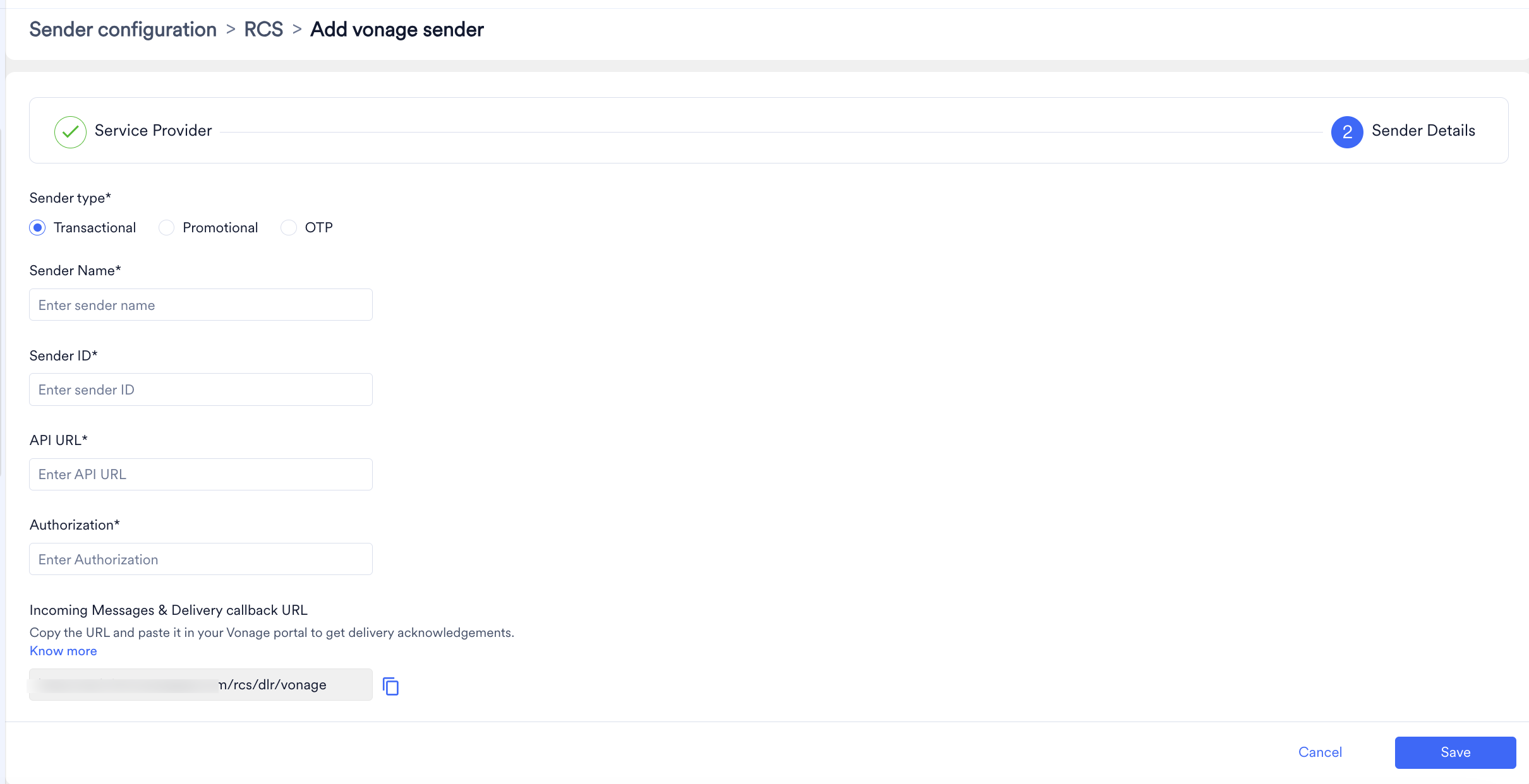 Sender Details page for a Vonage RCS sender, showing the sender and authorization fields
