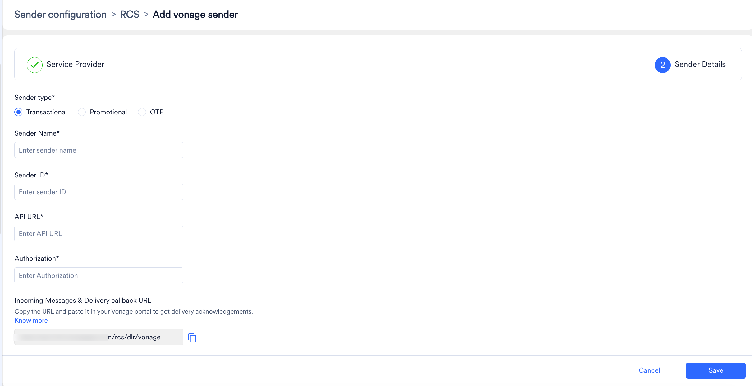 Sender Details page for a Vonage RCS sender, showing the sender and authorization fields