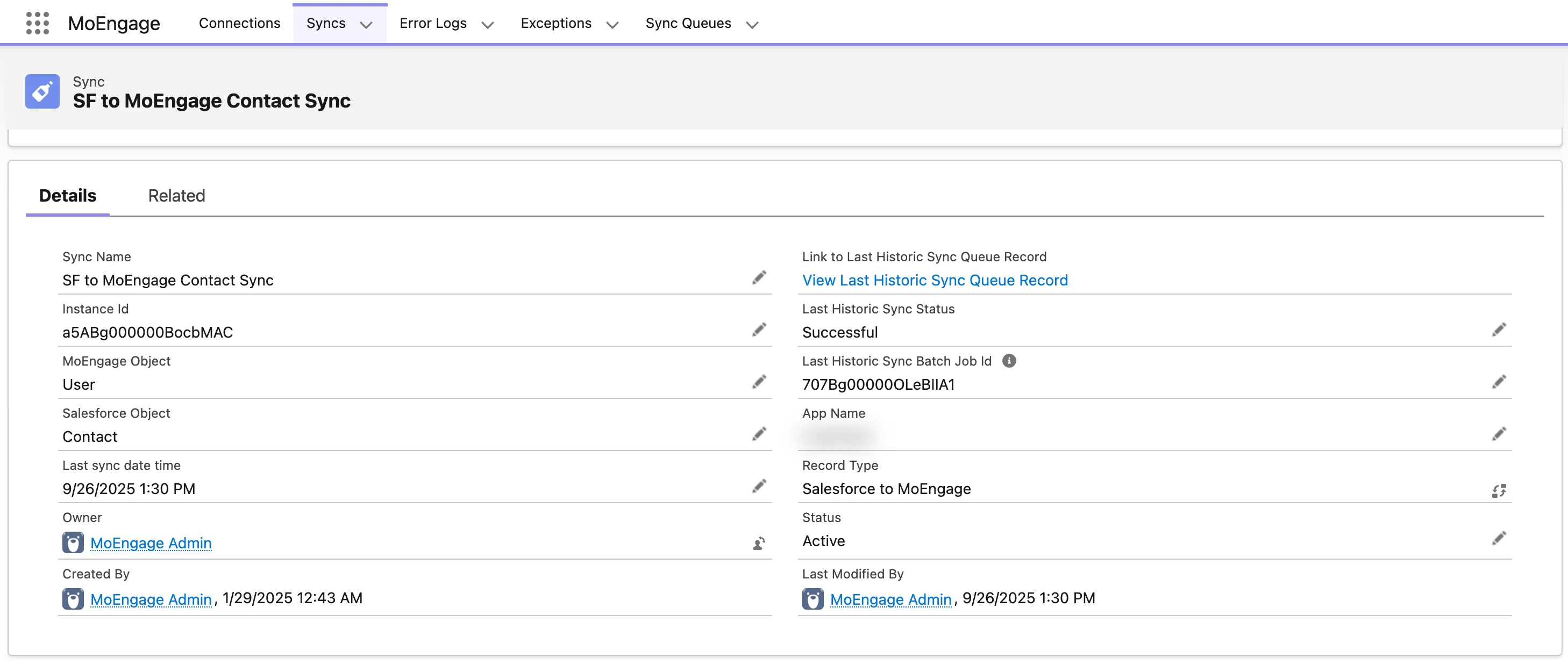 Sync detail page showing historic sync metadata fields