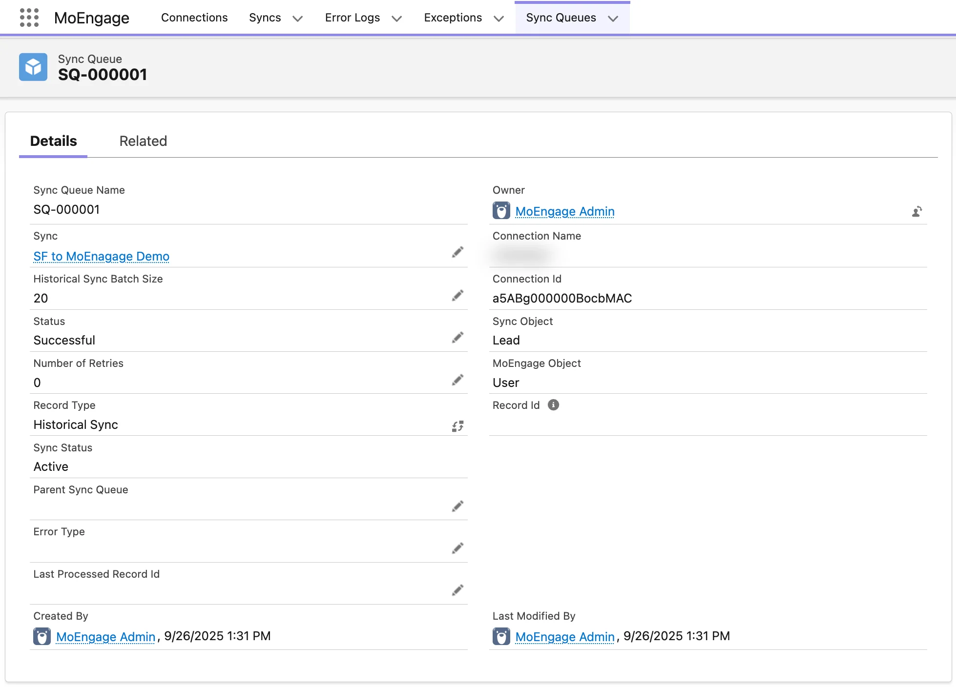 Sync Queue record detail page in Salesforce