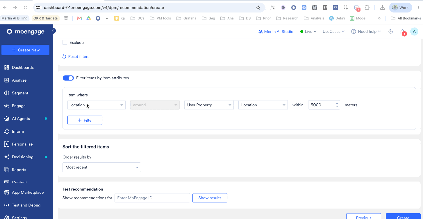 Configuring a geo-location rule by selecting a location catalog attribute, choosing the comparison point, and setting a radius