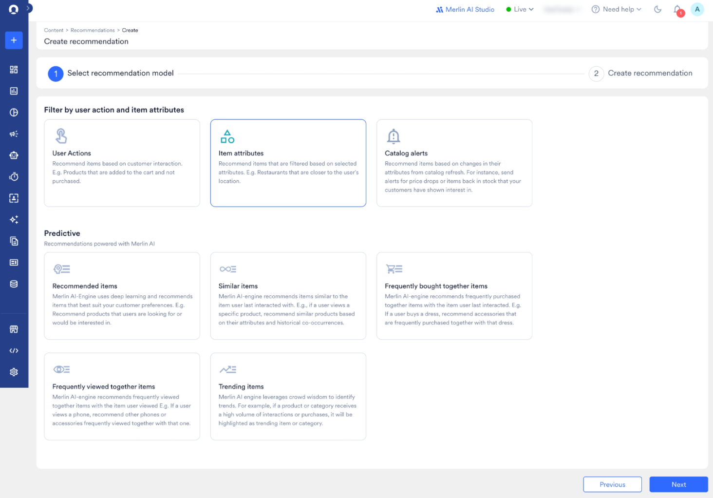 The Create recommendation page showing the Select recommendation model step with the filter and predictive model options