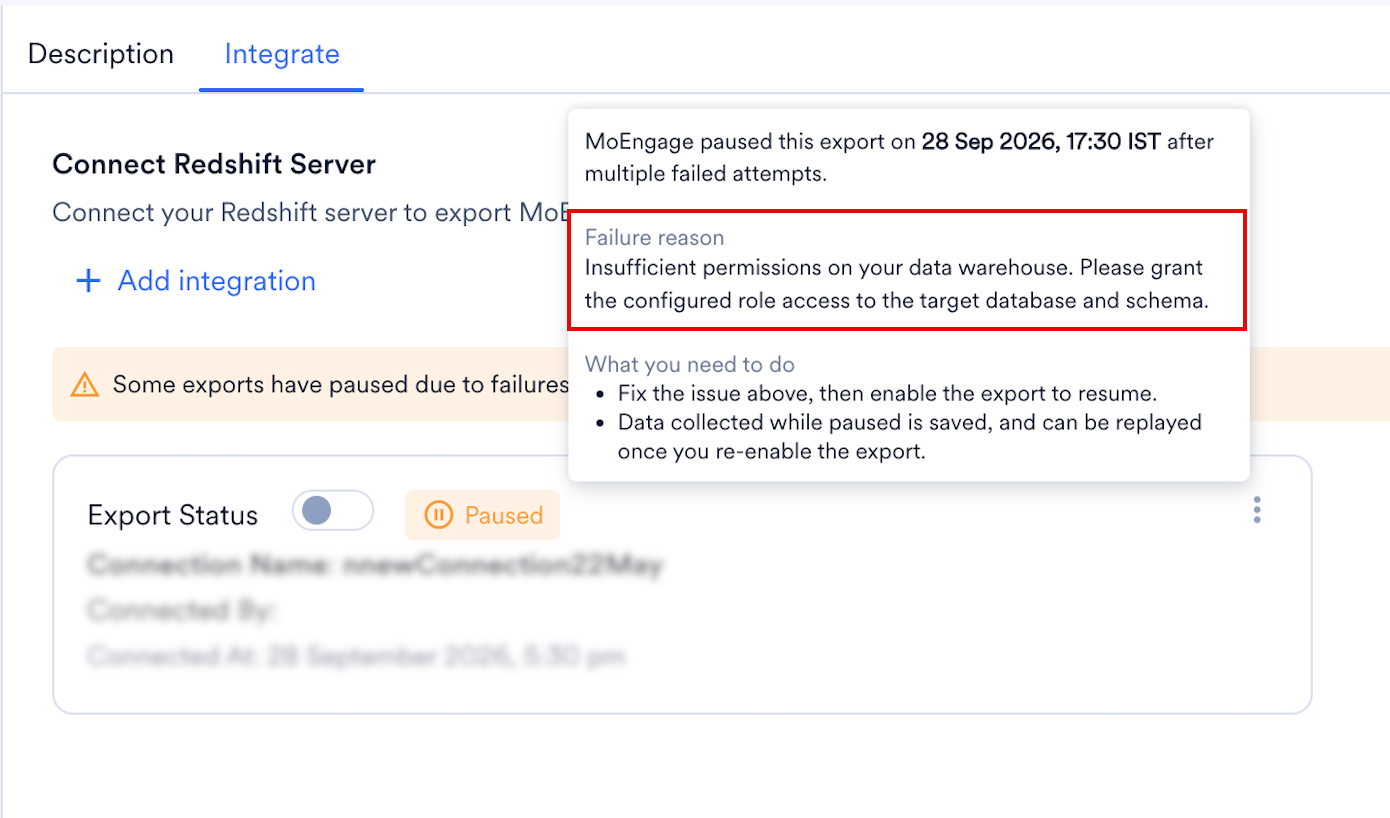 The Paused label hover on the Integrate tab, showing the failure reason and what you need to do