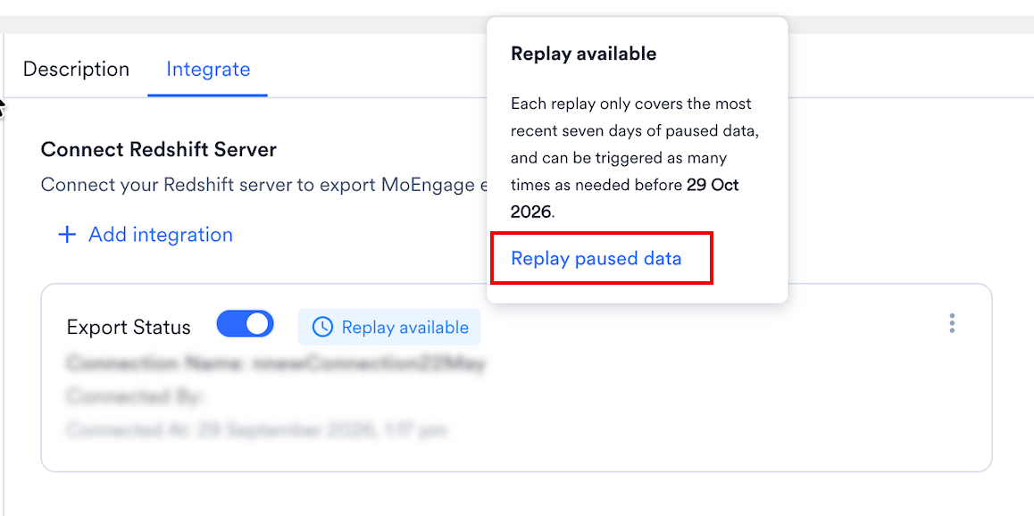 Redshift export with a Replay available label on the Integrate tab and the Replay paused data option