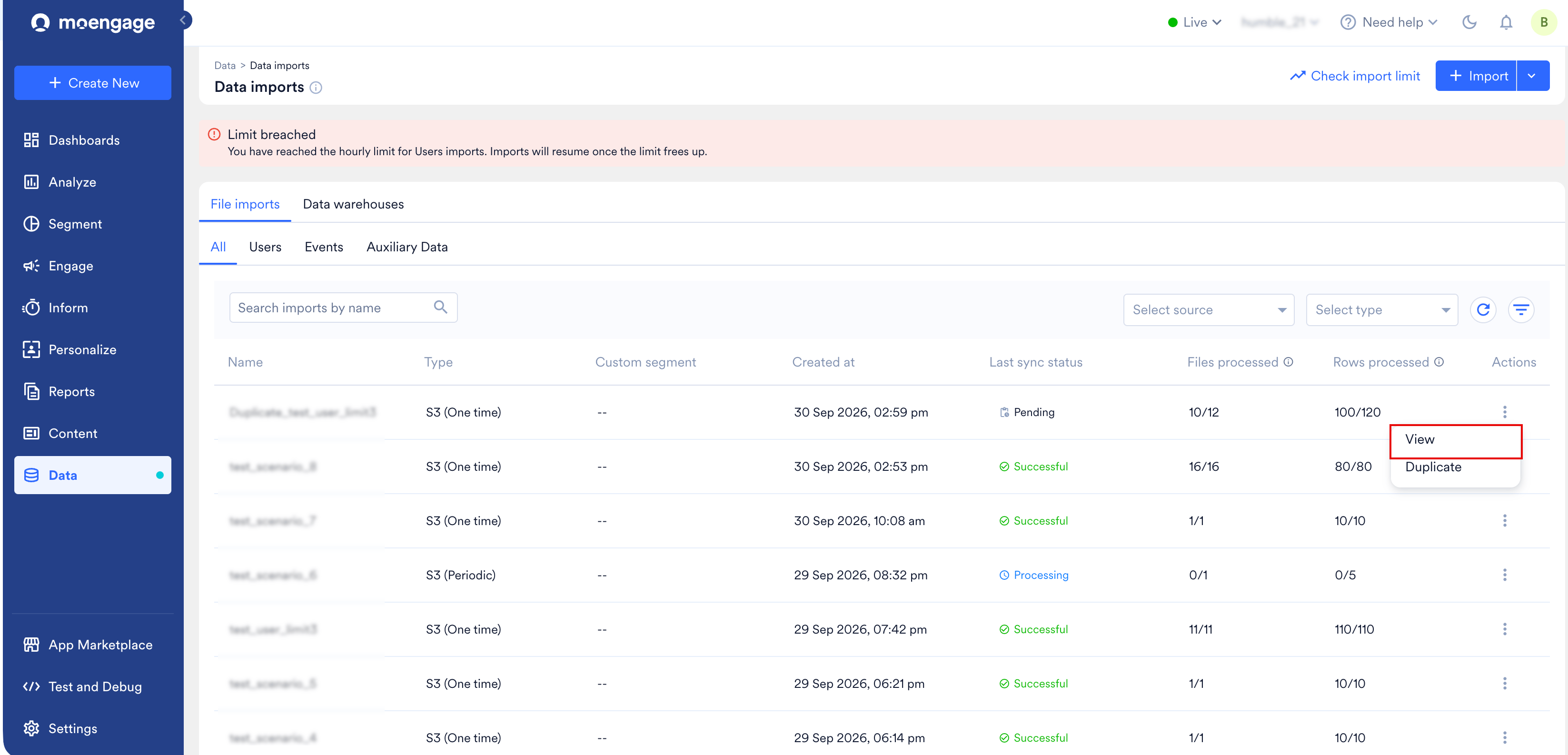 Actions column on the Data imports page with the menu open and the View option highlighted