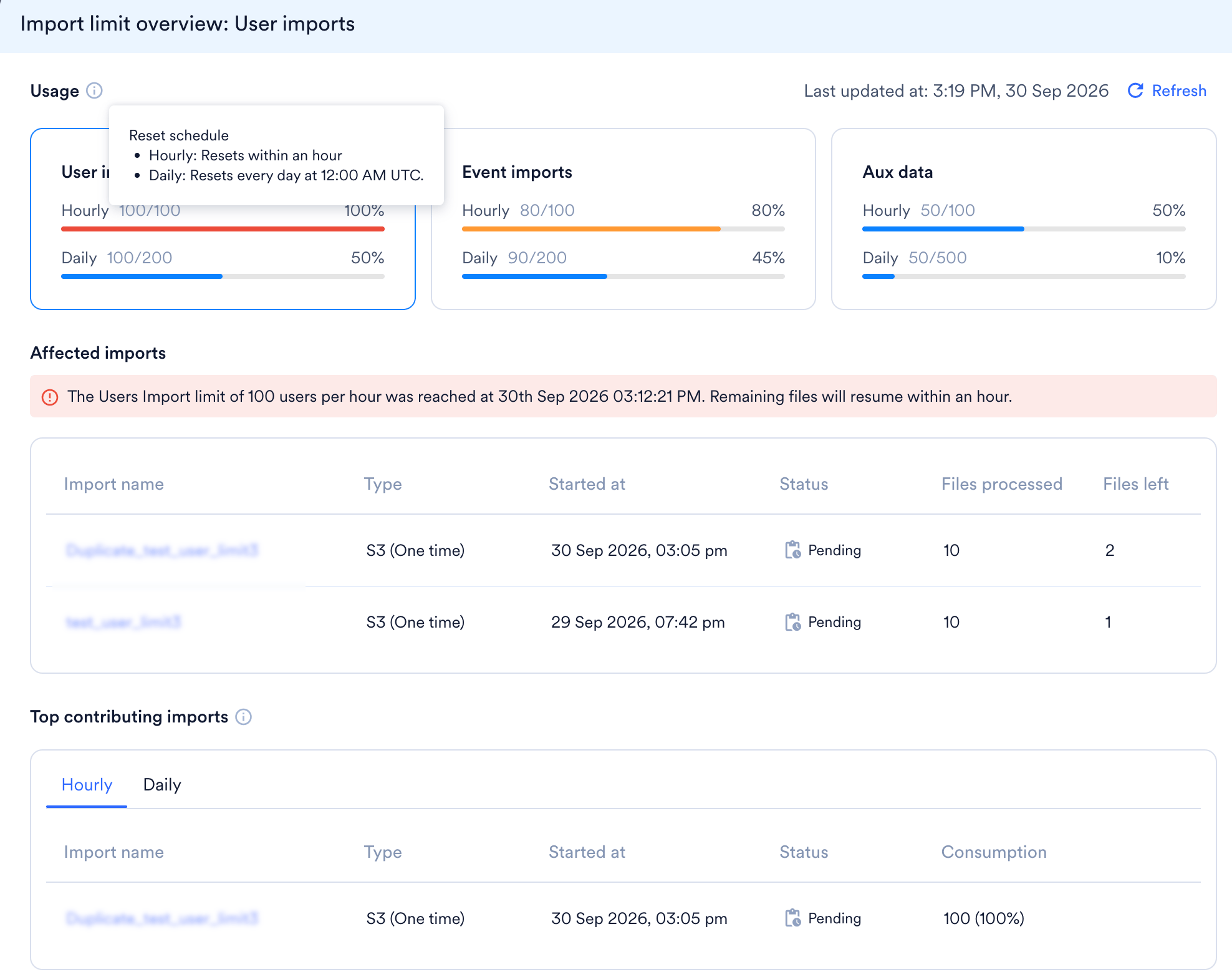 Import limit overview for User imports, showing the Usage cards with the reset schedule, Affected imports and Top contributing imports