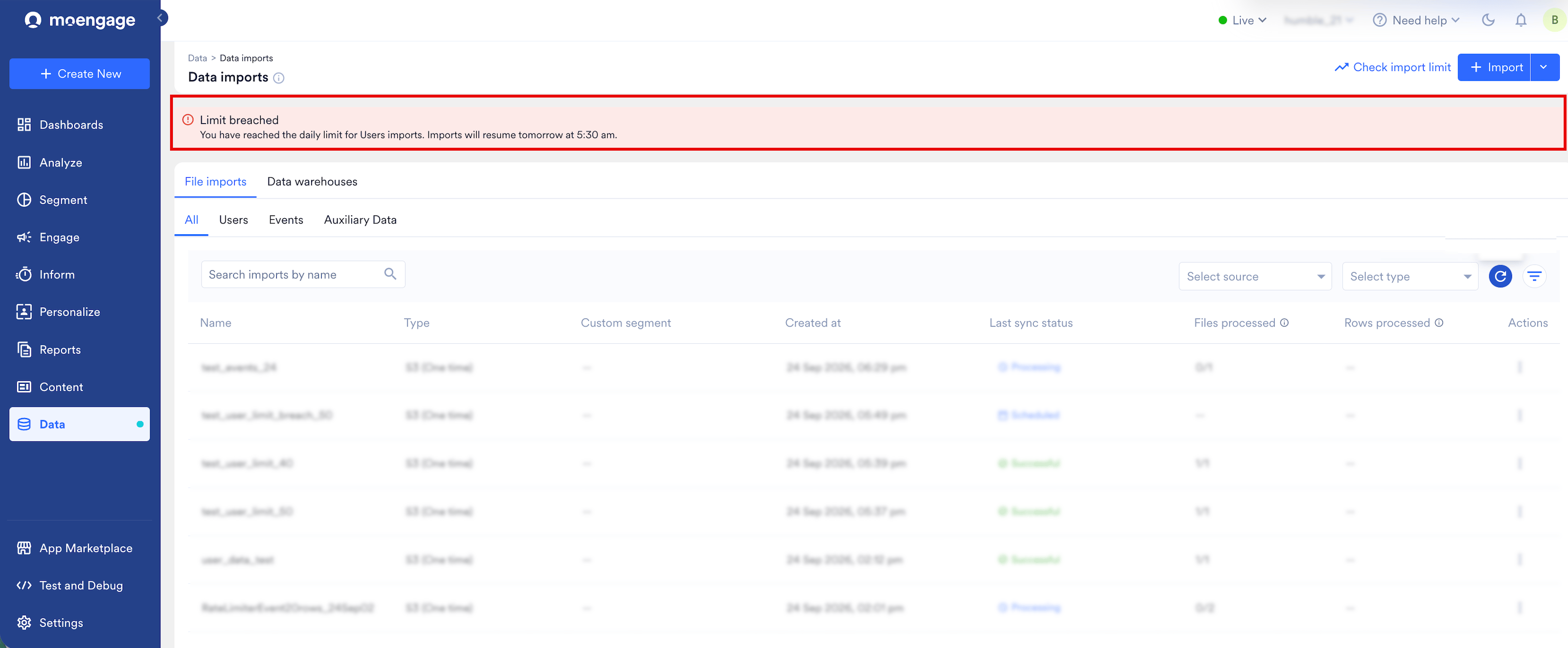 Limit breached banner at the top of the Data imports page, naming the daily limit for Users imports and when imports resume