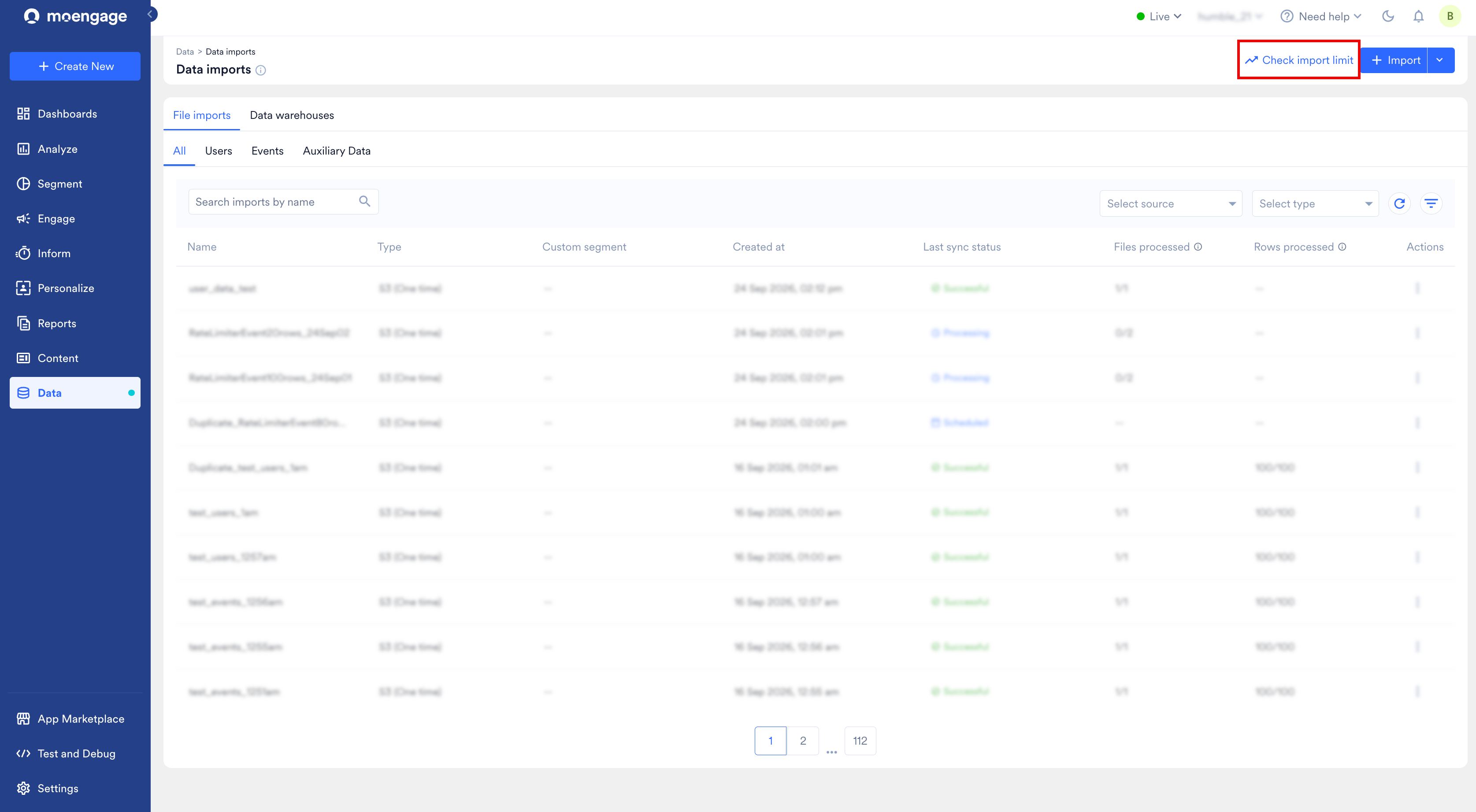 Data imports page with the Check import limit link highlighted beside the Import button