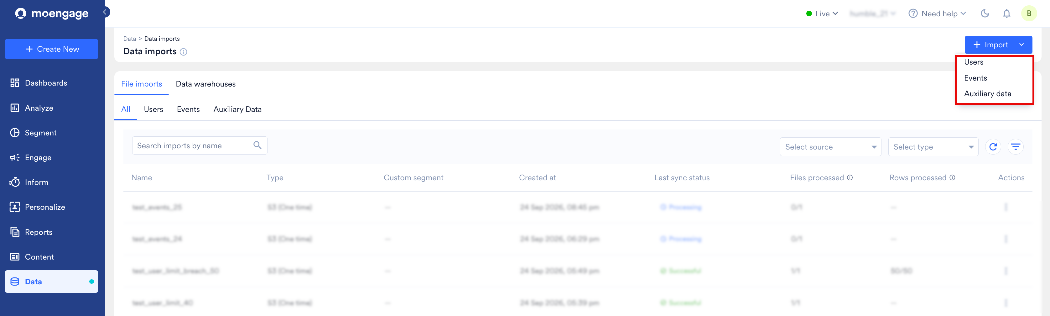 Data imports page with the Import list open, showing Users, Events and Auxiliary data
