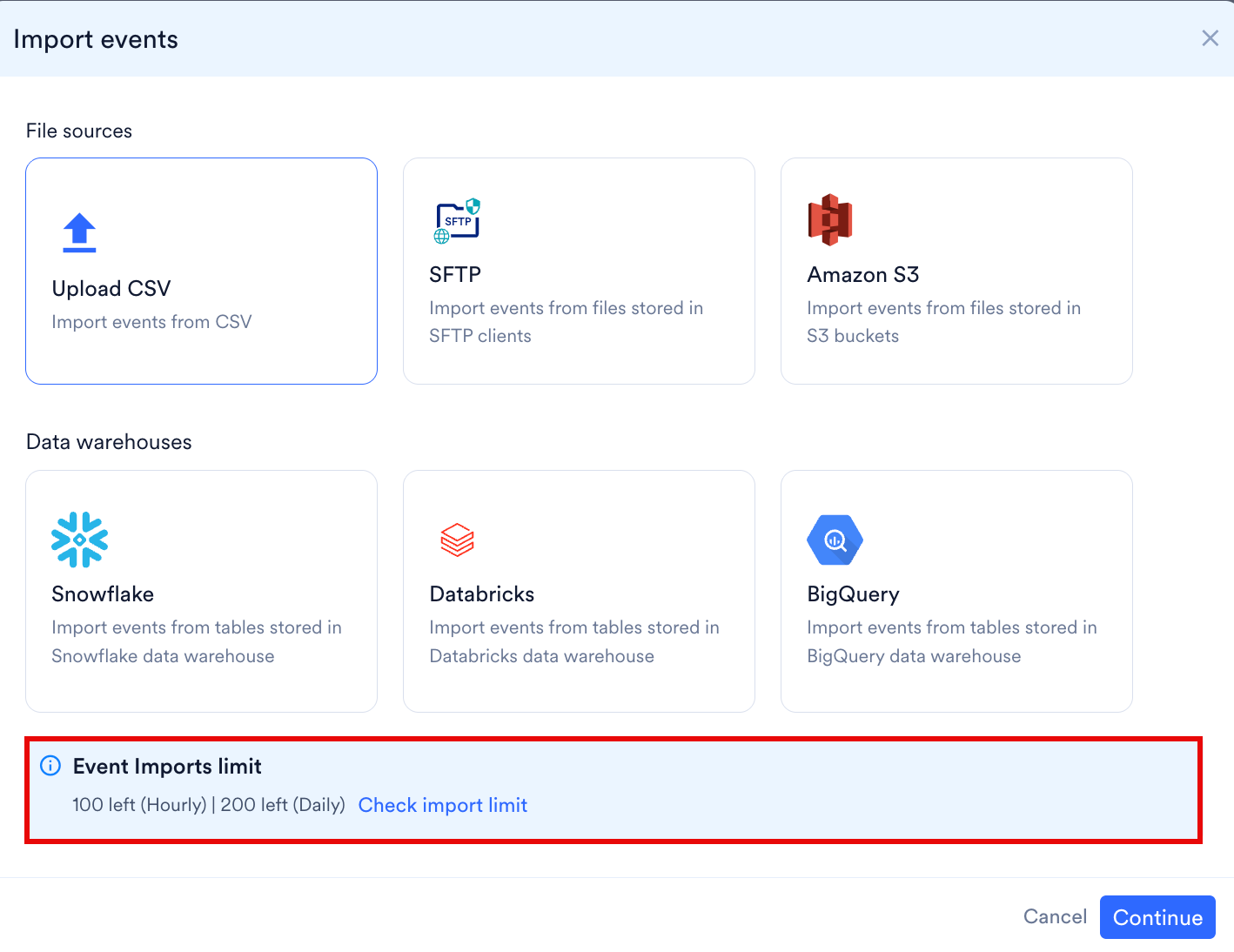 Import events dialog box with the Event Imports limit and the Check import limit link below the sources