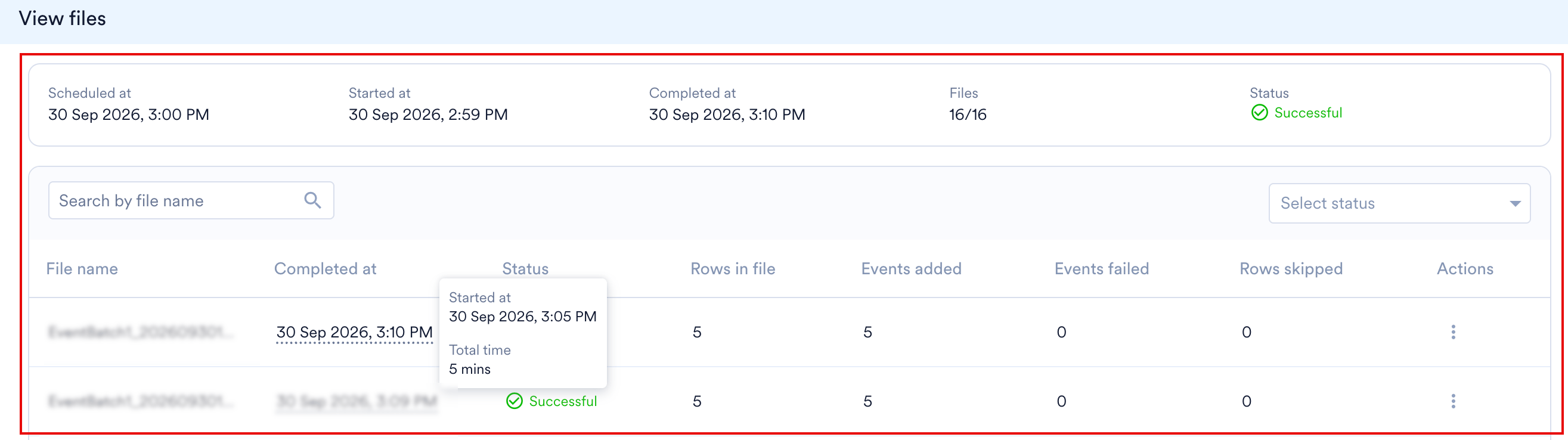 View files slideout with the run summary above the table of files, showing each file's rows, events added, events failed and rows skipped