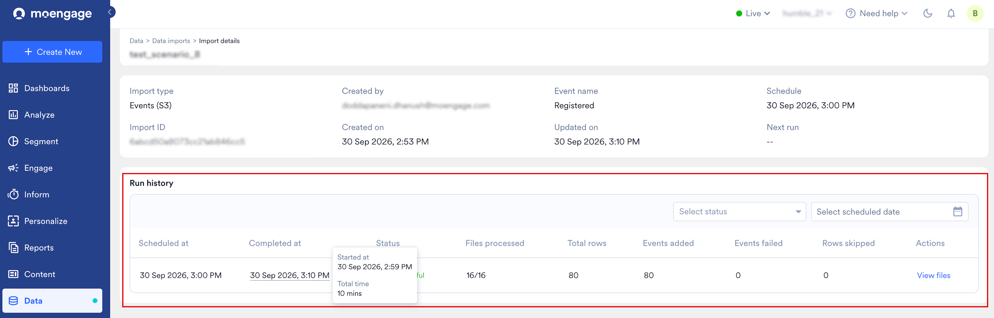 Run history on the import details page, with one row per run and the View files action