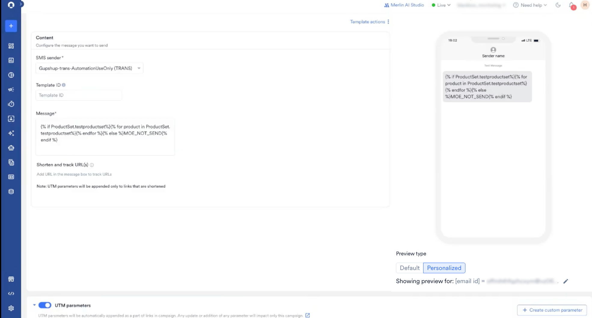 The Message field showing the auto-populated Jinja code for the product set