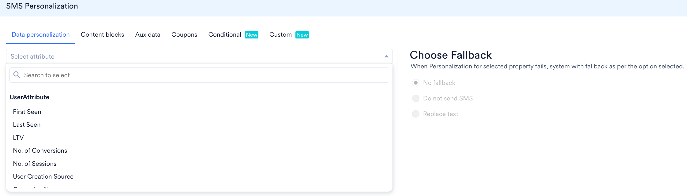 The SMS Personalization window showing the Data personalization tab, the Select attribute list, and the Choose Fallback options