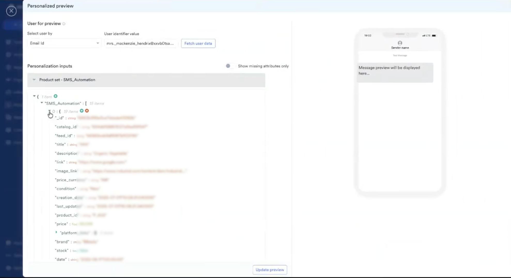 The Personalized preview slide-out showing the product set JSON and the Update preview button