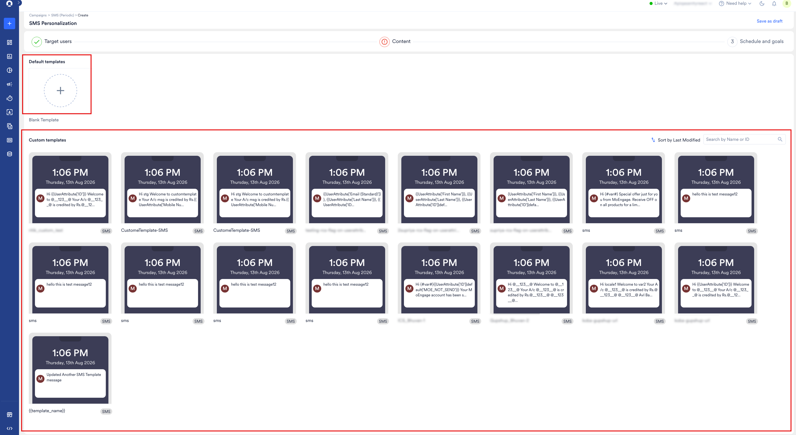 The Content tab showing the Blank Template option and the Custom templates list