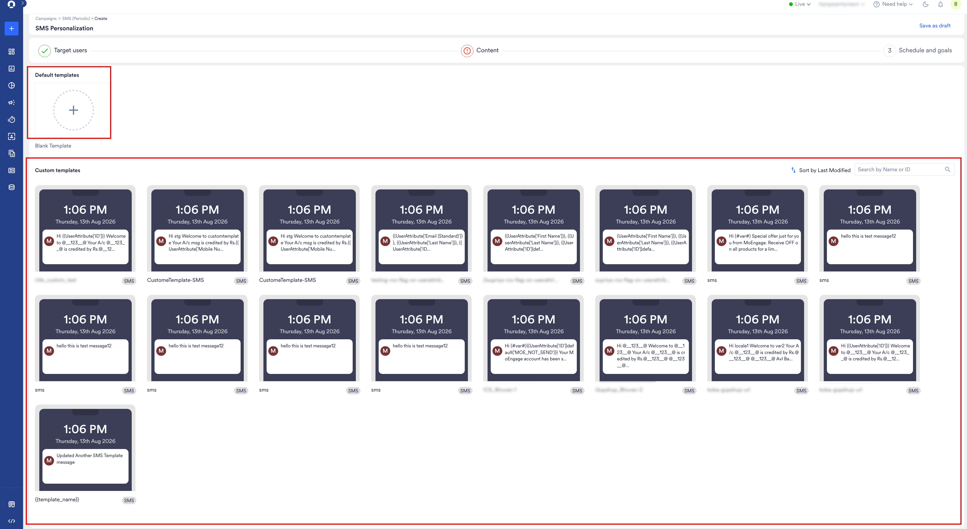 The Content tab showing the Blank Template option and the Custom templates list