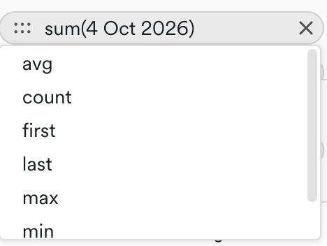 Aggregation menu open on a Values column, listing avg, count, first, last, max, and min.